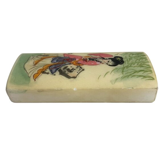 Hand-Painted Stone Marble Chinese Rectangular Paperweight Dancing Geisha Girl - Picture 3 of 7